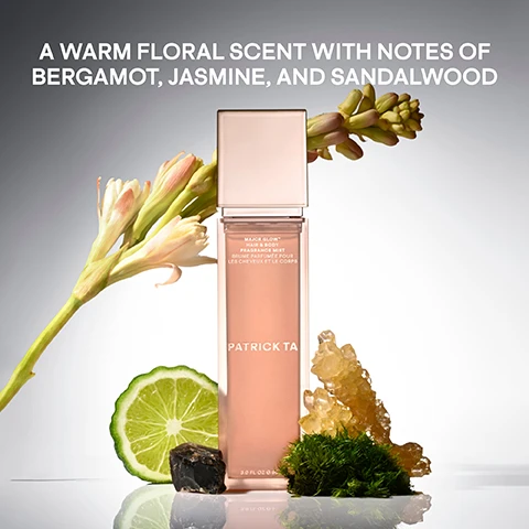 Image 1 - A bottle of perfume with a sleek design is surrounded by lime, floral elements, and crystals, with text reading A WARM FLORAL SCENT WITH NOTES OF BERGAMOT, JASMINE, AND SANDALWOOD.
Image 2 - A display of various body care products by Patrick Ta on a pink background, featuring three transparent bottles, a brown jar, and two cream containers, with the text BODY CARE MADE TO BE SEEN and SHOP THE FULL COLLECTION prominently displayed.