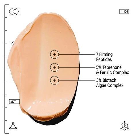 Image 1 - A peach-colored skincare product is shown, with text labeling its components: 7 Firming Peptides, 5% Teprenone & Ferulic Complex, and 3% Biotech Algae Complex.
Image 2 - Image shows two close-up photos of a persons eyes with visible facial wrinkles, labeled DAY 01 at the top and DAY 56 at the bottom, along with the text CLINICALLY TESTED. PROVEN EFFICACY. on a pink background.
Image 3 - Image shows two photos of skin on a neck area labeled DAY 01 and DAY 56, showing visual improvement, with text stating +11% TIGHTER SKIN ON THE NECK IN 1 MONTH.* and CLINICALLY TESTED. PROVEN EFFICACY.