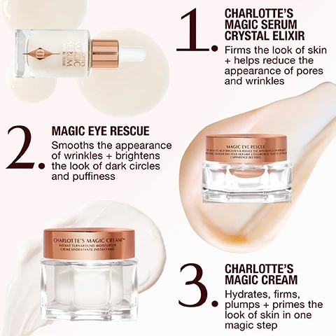 Image 1 - An array of skincare products is shown, featuring Charlottes Magic Serum Crystal Elixir, Magic Eye Rescue, and Charlottes Magic Cream, with descriptions stating benefits for each product.
Image 2 - The image shows three skincare products from Charlotte Tilbury, including a jar labeled Charlottes Magic Cream and a bottle labeled Charlottes Magic Serum Crystal Elixir, surrounded by water droplets, with text highlighting benefits such as fine lines appearing instantly reduced and skin being 2x more hydrated.
Image 3 - Image shows three skincare products in a row with visible product names: on the left, Charlottes Magic Serum Crystal Elixir; in the center, Magic Eye Rescue; and on the right, Charlottes Magic Cream, with the text I NEVER DO MAKEUP WITHOUT THEM and a signature below.