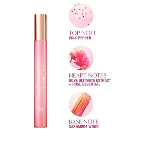 Image 1 - A pink perfume bottle labeled LOVE FREQUENCY Charlotte Tilbury is shown in the center, with circular icons displaying the fragrance notes: TOP NOTE PINK PEPPER, HEART NOTES ROSE ULTIMATE EXTRACT + ROSE ESSENTIAL, and BASE NOTE CASHMERE WOOD.