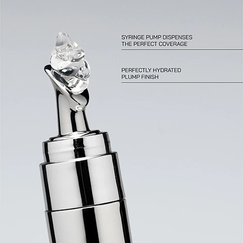 Image 1 - A close-up of a metallic syringe pump with a crystal-like applicator tip, accompanied by text that reads SYRINGE PUMP DISPENSES THE PERFECT COVERAGE and PERFECTLY HYDRATED PLUMP FINISH.
Image 2 - A close-up of a creamy white lip product on a spatula, with visible text that states SHIELDS AND REJUVENATES FOR IRRESISTIBLY SOFT LIPS + VITAMIN E INFUSES LIPS WITH LASTING HYDRATION AND DEFINITION + MICROSPHERES OF HYALURONIC ACID AND BOTANICAL OILS.
Image 3 - A split image shows a woman’s face before and after using a lip treatment, with the left side showcasing her natural lips and the right side showing fuller, enhanced lips, accompanied by the text DEEPLY HYDRATES + ENHANCES LIP DEFINITION LILY WEARS HYALURO LIP at the bottom.