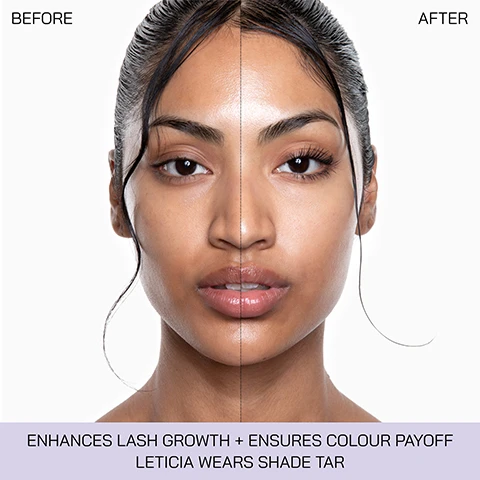 Image 1 - Split image of a womans face showing before and after results on eyelashes with the text BEFORE AFTER ENHANCES LASH GROWTH + ENSURES COLOUR PAYOFF LETICIA WEARS SHADE TAR. Image 2 - A dark brown liquid drips downwards next to text listing product benefits and ingredients INCREASES DENSITY AND THICKNESS OF EYELASHES + LIPO-OLIGOPEPTIDE ANTI-HAIR LOSS ACTIVE + VITA-HAIR INCREASES OVERALL HEALTHY APPEARANCE OF EYELASHES + AMLA ENCOURAGES EYELASH GROWTH + MOLECULES COMPLEX.