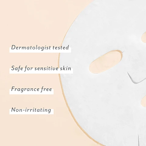 Image 1 - A close-up image of a white sheet mask on a soft beige background, with visible text that reads Dermatologist tested, Safe for sensitive skin, Fragrance free, and Non-irritating.
Image 2 - A woman with medium skin tone and freckles gently touches her cheek with her hand, and the image features text stating, INSTANTLY: Visibly calms redness, Restores bounce, Hydrates & softens.
Image 3 - An abstract image of creamy white product smeared on a light purple background, with three text labels stating ECTOIN: Repairs & protects, CERAMIDES: Hydrate & strengthen, and PROBIOTICS: Balance & soothe.
Image 4 - A person with light skin and blonde hair is gently removing a skin mask from their face, with the phrase Ultra-comforting for visibly stronger skin visible above.
Image 5 - A split image showing a womans face before and after skincare treatment, with noticeable improvement in skin texture; the left side labeled BEFORE and the right side labeled AFTER includes the text Visibly restored skin barrier.