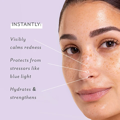 Image 1 - A close-up of a womans face with freckles and a smooth complexion, showing text that states INSTANTLY: Visibly calms redness, Protects from stressors like blue light, Hydrates & strengthens.
Image 2 - A lavender-colored spray bottle with a green label that reads patchology, labeled as Skin Remedy Calm & Protect Micro Mist, displays benefits including Ectoin: Repairs & protects, Probiotics: Balance & soothe, and Botanical Blend: Balances & soothes, with a header for Blue Light Protection in the upper right corner.
Image 3 - A woman with light freckles and closed eyes smiles while holding a spray bottle labeled Patchology, with text that reads Refresh & protect on-the-go and ultra fine micro-mist.
Image 4 - A hand is holding a spray can of Patchology Calm & Protect Micro Mist against a light purple background, with droplets of mist being released from the nozzle; visible text reads Dermatologist tested, Safe for sensitive skin, Fragrance free, Non-irritating.
Image 5 - A split image shows a woman’s face before and after a skincare treatment, with the left side displaying light freckles and dull skin, and the right side showing a more vibrant and hydrated complexion; visible text reads before on the left and after on the right, with instantly calm & refreshed skin in the bottom right corner.