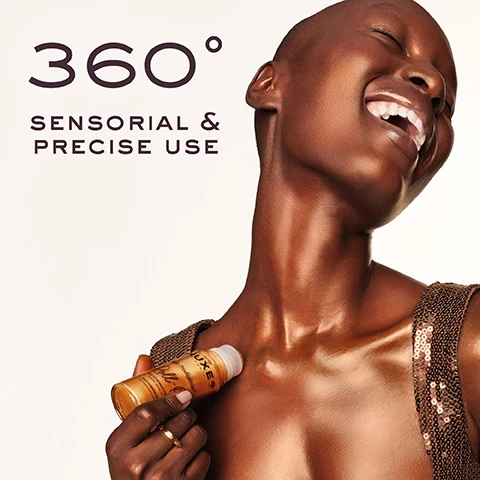 Image 1 - A woman with a shaved head smiles joyfully while applying a product to her shoulder, wearing a shimmering top, with the text 360° SENSORIAL & PRECISE USE above her.
Image 2 - A smiling woman with dark skin wearing a sequined top holds a bottle of skincare product, with text stating 100% find their skin instantly luminous and use test - 19 volunteers - % of satisfaction after 28 days.