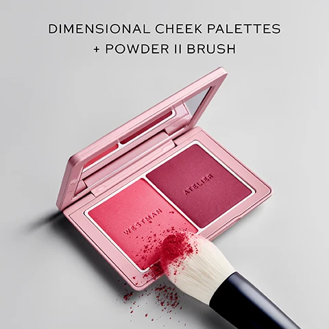 Image 1 - A pink compact containing two blush shades, one light and one dark, alongside a makeup brush with powder falling onto the surface, with the text DIMENSIONAL CHEEK PALETTES + POWDER II BRUSH above.
Image 2 - Image shows two types of powder brushes on a pink background; the left brush is labeled POWDER BRUSH and is described as having an oval brush head for all-over powder application, while the right brush is labeled POWDER II BRUSH with a tapered brush head for targeted cheek application, and both brushes have bulleted descriptions.
Image 3 - Image shows several makeup brushes with soft bristles on a neutral background, and the visible text includes Made with cruelty-free, super soft nylon fibers. Handmade in Japan by oldest brush maker in the world. High performance: luxurious and durable. Lacquered handles made from sustainable birch.