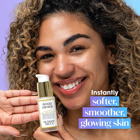 Image 1 - A smiling woman with curly hair holds a bottle of skincare product labeled GOOD GENES All-in-One Lactic Acid Treatment by Sunday Riley, with the text Instantly softer, smoother, glowing skin in the background. Image 2 - A smiling person with curly hair applies a creamy product to their face, with text stating In 3 Minutes radiance is improved* In 10 Minutes lines are visibly plumped + smoothed* on the image. Image 3 - An image featuring a gradient blue background with the text Key Ingredients at the top and descriptions of skincare ingredients including Purified Lactic Acid, Licorice, Lemongrass, Arnica + Prickly Pear Extract, and Aloe alongside visual representations of some ingredients like a slice of prickly pear and aloe leaves. Image 4 - A young woman with a radiant complexion holds a bottle of Good Genes by Sunday Riley in one hand, with a gradient blue background featuring instructions on how to use the product: 1) Apply 1-2 pumps to clean, dry skin, day or night, as a leave-on treatment; 2) Apply 1-2 pumps to clean, dry skin. Leave on for 15 minutes, as a mask; 3) Pro Tip: Mix equal parts Good Genes + Ceramic Slip Cleanser. Leave on for 1-3 minutes + rinse thoroughly, for a flash-fix mask. Image 5 - An infographic detailing the A.M. skincare routine from Sunday Riley, featuring four steps with product images: step 1 shows the CERAMIC SLIP cleanser, step 2 includes C.E.O. GLOW and C.E.O. SERUM, step 3 displays the GOOD GENES product, and step 4 concludes with C.E.O. AFTERGLOW and AUTO CORRECT, accompanied by instructions for each step.