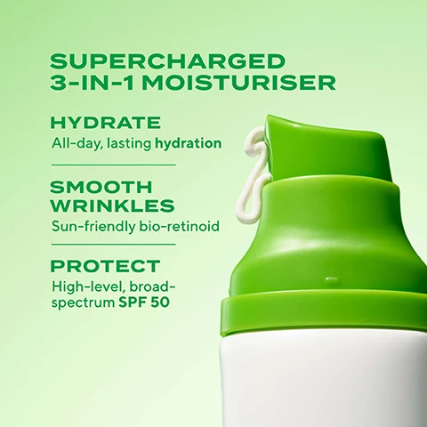 Image 1 - Image shows a green and white moisturizer bottle with text highlighting its features: Supercharged 3-in-1 Moisturiser, Hydrate: All-day, lasting hydration, Smooth Wrinkles: Sun-friendly bio-retinoid, Protect: High-level, broad-spectrum SPF 50.
Image 2 - Image shows two tubes of skincare products on a green background; the left tube is labeled Age-Balancing Moisture SPF 30 with text indicating it contains photoestrogens and provides immediate hydration, while the right tube is labeled Superactive Moisturizer SPF 50 with text indicating its wrinkle-fighting and offers all-day hydration.
Image 3 - A woman with a radiant smile is gently touching her cheek, conveying a sense of skincare and joy, with visible text highlighting product benefits and user agreement about non-irritation and effective results in one week.
Image 4 - A smiling young woman holds a tube of Murad Superactive Moisturizer with SPF 50 near her face, with the text LIGHTWEIGHT FAST ABSORBING NO WHITE CAST visible.
Image 5 - Four tubes of Murad superactive moisturizers are displayed, labeled Environmental Shield for brightening, Hydration for hydrating, Resurgence for wrinkle-fighting, and Oil + Pore Control, with the text CHOOSE YOUR SUPERACTIVE in bold green font above.
Image 6 - A display of two skincare products, the Retinol Youth Renewal Serum and Superactive Moisturizer SPF 50, against a vibrant green background, with text that reads ENHANCE THE EFFICACY OF YOUR NIGHTTIME RETINOID ROUTINE DURING THE DAY! along with product benefits.
