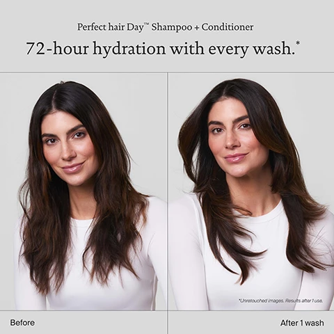 Image 1 - A woman with long dark hair is shown in two side-by-side images, with the left labeled Before and the right labeled After 1 wash, promoting Perfect hair Day Shampoo and Conditioner, which claims 72-hour hydration with every wash.
Image 2 - Image shows two side-by-side comparisons of hair texture, with the left labeled Before and the right labeled After 14 days, featuring close-up circles highlighting differences in hair quality; visible text states Transforms hair texture and quality over time. Air-dried results using only Perfect hair Day™ Shampoo + Conditioner.
Image 3 - Image shows two bottles of Living Proof Perfect Hair Day shampoo and conditioner, both grey with white caps, against a blue background with a water droplet design; text includes Sili-CLONE HairTech, DELIVERS 72-HOUR HYDRATION IN JUST 1 WASH, RESTORES HEALTHY HAIR TEXTURE AND QUALITY, and KEEPS HAIR CLEANER AND HEALTHIER FOR LONGER.
Image 4 - A translucent background features bubbles with iridescent reflections, accompanied by the text Sili-CLONE HairTech, and lists 600+ lab tests, 170+ formula iterations, and 1000+ performance tests.
Image 5 - An image showing a comparison of hair before and after treatment with Living proof Perfect hair Day high-shine gloss, featuring wavy, dull hair on the left labeled BEFORE and smooth, shiny hair on the right labeled THE PROOF, with a tube of the product in the center displaying the text Living proof Perfect hair Day high-shine gloss instant shine & smoothness.
Image 6 - A close-up image of a persons hands running through straight, shiny black hair, with the text SILICONE FREE in a circular badge and Mirror-like shine that lasts through 3 washes. displayed prominently at the bottom.
Image 7 - A person with long, wavy brown hair is shown, with a tube of Living Proof Perfect Hair Day High-Shine Gloss prominently displayed in the center, and the text Mirror-like shine, without silicone below the image.