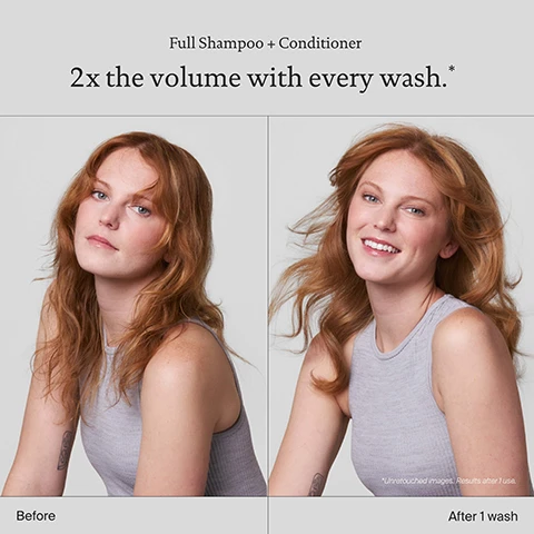 Image 1 - A side-by-side comparison image showing a woman with wavy hair on the left labeled Before and on the right labeled After 1 wash with visibly fuller hair; the text at the top reads Full Shampoo + Conditioner and 2x the volume with every wash.
Image 2 - Image shows two bottles of Living Proof hair care products: a shampoo labeled full shampoo and a conditioner labeled full conditioner, with a blue background and text highlighting the benefits of the products: delivers 2x the volume in just 1 wash, improves hair texture and quality, keeps hair cleaner and healthier for longer.
Image 3 - A close-up image of colorful bubbles against a blue background, with the text Sili-CLONE HairTech, and the phrases 600+ lab tests, 170+ formula iterations, and 1000+ performance tests displayed prominently.
Image 4 - Side-by-side comparison of a persons scalp from day 0 and day 90 after using Living Proof scalp care density serum, with the product bottle visible in the foreground and text indicating the days of treatment at the bottom.
Image 5 - An image of a light blue bottle of Living Proof scalp care density serum, surrounded by text boxes describing its features: Amaranth peptides increase hair fiber diameter, Pea sprout extract protects the scalp, Anti-grey complex reduces grey hair appearance, and Density boosting technology promotes natural growth.
Image 6 - A person with long, red hair holds a blue bottle of Living Proof scalp care density serum while the text states that 100% of participants experienced an increase in hair thickness for less visible scalp and 76% experienced a decrease in new grey hair growth.