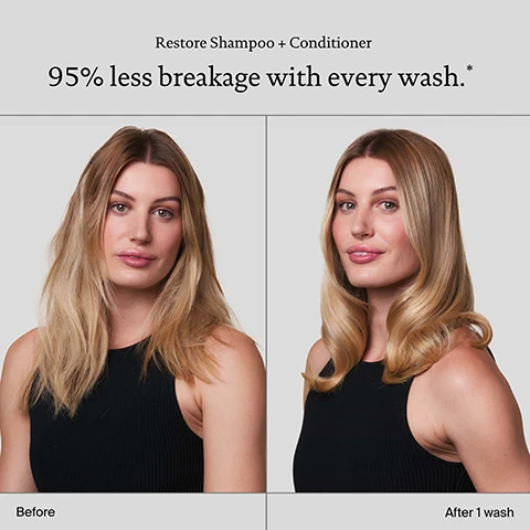 Image 1 - Image shows a side-by-side comparison of a woman’s hair before and after using Restore Shampoo + Conditioner, with text stating 95% less breakage with every wash and labels for Before and After 1 wash.
Image 2 - Image shows a comparison of hair texture before and after using Restore Shampoo and Conditioner, with before on the left displaying frizzy and uneven hair, and after on the right showing smooth and sleek hair; two circular insets highlight the differences in texture labeled Before and After 14 days.
Image 3 - Image of two bottles of Living Proof restore shampoo and conditioner against a soft, bubbly background, with text highlighting key benefits: delivers 95% less breakage in just one wash, keeps hair cleaner and healthier for longer, and improves hair texture and quality.
Image 4 - Image of two hair care products, a shampoo and conditioner from Living Proof, both labeled restore shampoo and restore conditioner with a light purple design, set against a gradient background; additional text highlights benefits like detangling, sleekness, conditioning, and shine.
Image 5 - A close-up image of interconnected bubbles with a blue background, featuring the text Sili-CLONE HairTech, 600+ lab tests, 170+ formula iterations, and 1000+ performance tests.
Image 6 - Image comparing Sili-CLONE HairTech and Silicone, highlighting benefits of Sili-CLONE such as healthier hair and longevity, with text stating HAIR ACTUALLY BECOMES HEALTHIER, KEEPS HAIR CLEANER + HEALTHIER, LONGER, and PROMOTES LONGEVITY OF HAIR HEALTH on one side, while the other side lists drawbacks of Silicone including HAIR APPEARS HEALTHY, DAMAGE IS MASKED, MAKES HAIR DIRTIER, FASTER, and CAN LEAD TO CHRONIC DAMAGE.
Image 7 - A woman with straight, long blonde hair is shown in profile with three hair care products labeled as Step 1 Cleanse, Step 2 Condition, and Step 3 Style + protect, and the text Strengthen + repair routine. is displayed above the image.