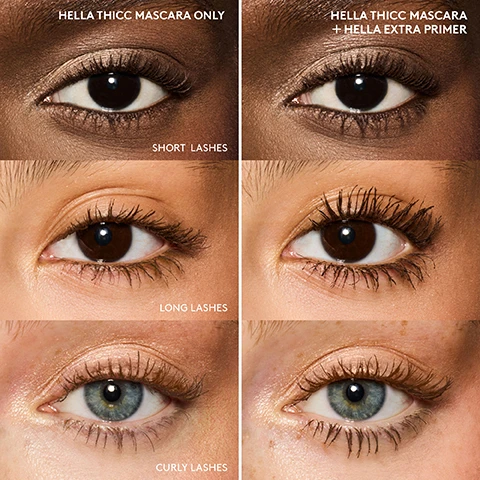 Image 1 - Image showing three pairs of eyes arranged in two rows, with labels indicating the effect of applying mascara and primer; the top left labels HELLA THICC MASCARA ONLY with SHORT LASHES, and the top right HELLA THICC MASCARA + HELLA EXTRA PRIMER, showing a more enhanced lash look; the bottom row features LONG LASHES on the left and CURLY LASHES on the right.
Image 2 - Image of a Fenty Beauty mascara-boosting lash primer in a pale pink tube, with the text HELLA EXTRA MASCARA-BOOSTING LASH PRIMER 97% of users agreed that the mascara primer makes lashes look more dramatic than with mascara alone* • Extends mascara wear • Decreases smudging + flaking • Conditioning + nourishing feel • Coco Nude tint intensifies mascara color.
Image 3 - Image shows two Fenty Beauty mascara products on a pink background with instructional steps for application; visible text includes THE ULTIMATE LASH COMBO, STEP 1: Apply Hella Extra Primer to lashes to extend mascara wear and stand up to smudging and flaking, STEP 2: Apply Hella Thicc Mascara in ultra-black shade CUZ IM BLACK or creamy brown shade LETZ BE BLUNT for a bold, lifted lash look.