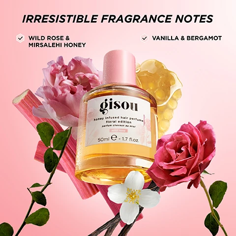 Image 2 - A glass bottle of Gisou honey infused hair perfume is surrounded by pink flowers, green leaves, and honeycomb, with visible text describing the fragrance notes as wild rose, Mirsalehi honey, vanilla, and bergamot.
Image 3 - Image shows two bottles of Gisou honey infused hair perfume against a soft pastel background, with the smaller bottle labeled MINI 15ml and the larger bottle labeled FULL SIZE 50ml, along with the text honey infused hair perfume floral edition.
Image 4 - Three bottles of Gisou honey-infused hair perfume are displayed against a colorful sky, labeled as Lavender Berry with notes of lavender, blackberries, and Mirsalehi honey; Original featuring Mirsalehi honey and spring florals; and Wild Rose with wild rose, vanilla, and Mirsalehi honey.
Image 5 - A woman with curly hair holds a bottle of oil in front of her, surrounded by pink roses and a pastel sky, with text that reads SCENTS WITH BENEFITS, along with checkmarks for HYDRATES, ADDS SHINE, and WITH UV FILTERS.
Image 6 - A close-up of a honeycomb filled with bees is on the left, while the right shows a wooden spoon dripping argan oil with visible text for Mirsalehi Honey and Argan Oil stating their benefits.
Image 7 - A woman in a green floral headscarf holds a honeycomb frame while standing in a garden, with text overlay that reads: WHAT IS MIRSALHI HONEY? Sustainably sourced from the Mirsalehi Bee Garden in the Netherlands, Delivers intense hydration & glossy shine, Rich in vitamins, minerals, amino acids & potent antioxidants.
Image 8 - A woman with long, wavy hair holds a bottle of hair oil in one hand and a light pink rose in the other, wearing a pink ruffled outfit, surrounded by colorful flowers, with the text Founder, Negin Mirsalehi displayed below.