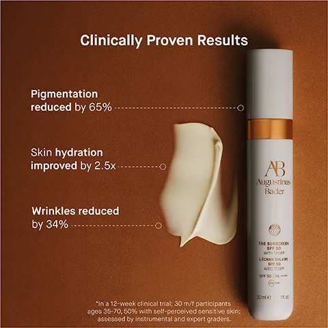 Image 1 - Image of a skincare product, a tube of Augustinus Bader sunscreen with a swirl of cream beside it, with text stating Clinically Proven Results, Pigmentation reduced by 65%, Skin hydration improved by 2.5x, and Wrinkles reduced by 34%, along with a small note about a 12-week clinical trial.
Image 2 - A close-up of a persons face applying a skincare product, accompanied by text stating user proven results: 98% agree skin feels healthier, 92% agree skin tone is more even, 89% agree fine lines and wrinkles appear reduced, with a footnote about a consumer perception study.
Image 3 - A sunscreen bottle is shown against a blue background, with text highlighting its ingredients and benefits, including TFC8®, microalgae extract, pomegranate flower, perilla leaf, kakadu plum complex, and cotton seed extract, along with their functions for skin protection and renewal.
Image 4 - Image shows two sections with a woman applying a skincare product on her face, along with instructions in bold text that read: Step 1: Dispense 1-2 pumps into hands. Apply every morning, 15 minutes before sun exposure, as the last step in your skincare routine. Step 2: In upward, sweeping motions, smooth over the face, neck and décolleté. AB Insider Tip: Apply 1 pump to hands to protect the most frequently sun-damaged part of the body.
Image 5 - Side-by-side comparison of a womans face before and after using a skincare product, showing a reduction in wrinkles; visible text includes BEFORE, AFTER 4 WEEKS, and Clinically proven to reduce the appearance of wrinkles and even skin tone.