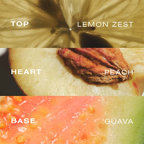 Image 1 - An image showing three layered sections of fruit with text labels: the top section features lemon zest, the middle section shows a peachs heart, and the bottom section displays the base of a guava, with the words TOP, HEART, and BASE clearly labeled.
Image 2 - A close-up image shows the side of a neck with two sections labeled BEFORE on the left and AFTER on the right, highlighting a change in skin appearance from matte to glossy.