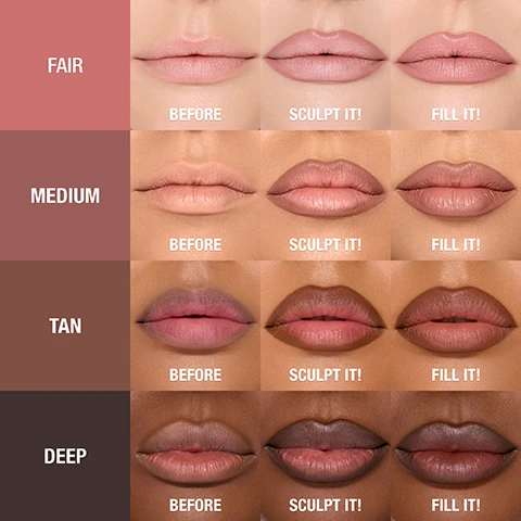 Image 1 - The image shows a grid of lips in four rows labeled Fair, Medium, Tan, and Deep, each with three columns labeled Before, Sculpt It!, and Fill It! showing different lip appearances.
Image 2 - An image displaying various lip colors with descriptions for a Sculpt + Fill product, featuring swatches labeled as Sculpt End with a powdery texture and Fill End with a soft and creamy texture, along with corresponding shades for Fair, Medium, Tan, and Deep skin tones including Light Cool Pink Nude, Nude Pink Mauve, Neutral Cool Taupe, Warm Sepia, Neutral Tan Brown, Nude Caramel, Deep Brown, and Rich Cocoa Brown.
Image 3 - An arrangement of several lip pencils with a beige background, featuring text that reads MY SECRET TO THE PERFECT LIP ARCHITECTURE, followed by checkboxes for DOUBLE-ENDED SCULPT + FILL, PRECISE APPLICATION, HIGHLY-PIGMENTED + BLENDABLE FORMULA, and LONG-LASTING WEAR.
Image 4 - A model with flawless skin and light makeup is featured prominently, and there are makeup products displayed around her, labeled with the phrases Swipe It!, Blend It!, Plump It!, and Sculpt It!.