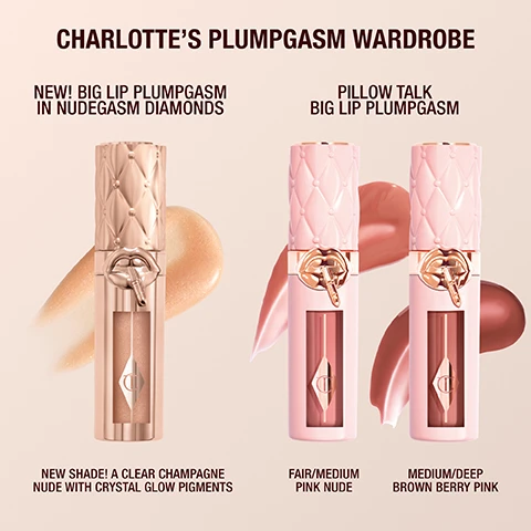 Image 1 - Image showing three lip plumping products from Charlotte Tilburys Plumpgasm collection, with descriptions for each: a clear champagne nude shade with crystal glow pigments, a fair/medium pink nude, and a medium/deep brown berry pink. Visible text includes NEW! BIG LIP PLUMPASM IN NUDEGASM DIAMONDS, CHARLOTTE’S PLUMPASM WARDROBE, and PILLOW TALK BIG LIP PLUMPASM along with descriptions of each shade.
Image 2 - A woman with long dark hair and makeup demonstrates beauty products on her face, with three labeled items including a brown contour stick, a lip plumper, and a lip sculpting pencil, with visible text reading SWIPE IT!, PLUMP IT!, and SCULPT IT!.
Image 3 - The image shows swatches of a lip gloss in clear champagne-nude at the top left, accompanied by close-up images of lips wearing the gloss in different skin tones at the bottom, with the text stating CLEAR CHAMPAGNE-NUDE WITH CRYSTAL GLOW PIGMENTS.