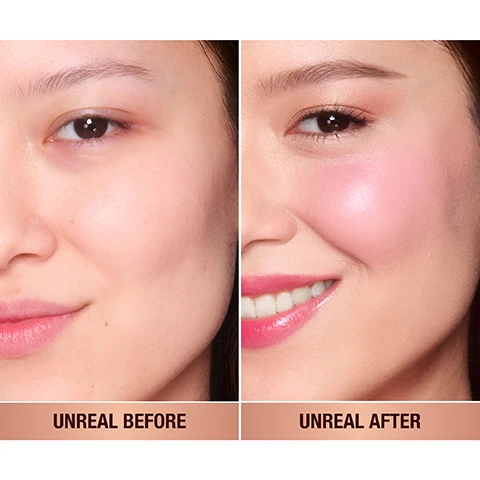 Image 1 - A split image shows a womans face before makeup with text UNREAL BEFORE and after makeup with text UNREAL AFTER. Image 2 - Swatches of six lip shades are shown on four arms with different skin tones, numbered 1 through 6 with the text 1. ROSY GLOW 2. PEACHY GLOW 3. PRETTY GLOW 4. PINKY GLOW 5. CHERRY GLOW 6. BERRY GLOW.
