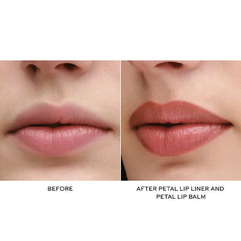 Image 1 - Before and after images of lips showing a transformation: the left side displays bare lips labeled BEFORE while the right side shows enhanced lips with color labeled AFTER PETAL LIP LINER AND PETAL LIP BALM.
Image 2 - A close-up portrait of a woman with smooth skin, dark hair, and subtle makeup, featuring a muted lip color, along with visible text reading SABLE LINER + GARÇONNE LIP BALM.
Image 3 - A close-up image of a lip pencil with a swatch of color beside it, featuring text that reads creamy, effortless glide - no tugging, no-skip, smooth color payoff, precise application - no feathering, lip-enhancing shades.
Image 4 - Image shows a light gray background with artistic pink and red strokes, wooden pencil shavings scattered around, and text that reads: CREAMY, COMFORTABLE TEXTURE CARNAUBA + CANDELILLA WAX BLEND BOOSTS MOISTURE FOR SMOOTH APPLICATION JOJOBA SEED OIL DELIVERS PRECISE, LASTING COLOR PAYOFF MICRONIZED PIGMENT.