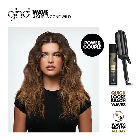 Image 1 - A woman with long, wavy brown hair is looking directly at the camera while wearing a black shirt, with the text ghd WAVE & CURLS GONE WILD and POWER COUPLE, alongside images of a curling wand and a styling product featuring the ghd logo, with additional text reading QUICK LOOSE BEACH WAVES and WAVES THAT LAST ALL DAY.
Image 2 - A woman with long, wavy hair holds a hair product spray while looking at the camera, and the visible text reads FINISH mist the hair with ghd curls gone wild texturizing spray.
Image 3 - An image of a black curling iron and a cylindrical spray bottle on a white background, with text that reads GHD CURLS GONE WILD, Perfect for creating beach waves with ghd wave, 2-in-1 prep & finish spray for long-lasting, buildable texture, 2 in 1 PREP & FINISHER, BUILDABLE VOLUME, ADDS LONG-LASTING TEXTURE, and HEAT PROTECTION SYSTEM.
Image 4 - A woman with long hair is shown with straight hair on the left labeled Gorgeous Before and loose beach waves on the right labeled Gorgeous After, next to a bottle of ghd curls gone wild curl texturizing spray, with text stating Quick Loose Beach Waves and Waves That Last All Day.
Image 5 - A person with shoulder-length hair is shown side-by-side; on the left, their straight hair is labeled GORGEOUS BEFORE, and on the right, their hair has loose beach waves labeled GORGEOUS AFTER, with a spray bottle labeled ghd curls gone wild curl texturizing spray beside it, featuring text that reads QUICK LOOSE BEACH WAVES and WAVES THAT LAST ALL DAY.
Image 6 - A woman with wavy hair is shown on both sides: on the left, she has defined loose beach waves labeled ghd WAVE & CURLY EVER AFTER FOR DEFINED LOOSE BEACH WAVES, and on the right, she has textured loose beach waves labeled ghd WAVE & CURLS GONE WILD FOR TEXTURED LOOSE BEACH WAVES, with a ghd styling product and curling tool visible below each image.