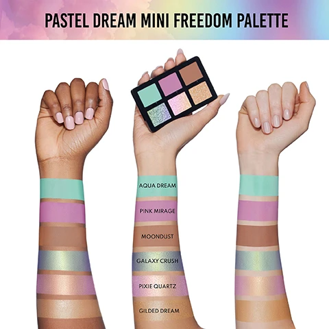 Image 1 - A person is holding a palette with six pastel eyeshadow shades, while their arms showcase swatches of the colors labeled Aqua Dream, Pink Mirage, Moondust, Galaxy Crush, Pixie Quartz, and Gilded Dream, with the text PASTEL DREAM MINI FREEDOM PALETTE displayed above.
Image 2 - Image shows the Pastel Dream Mini Freedom Palette featuring six color swatches labeled Aqua Dream, Pink Mirage, Moondust, Galaxy Crush, Pixie Quartz, and Gilded Dream, with a rainbow gradient background at the top.
Image 3 - Four diverse individuals with varying skin tones pose together, two making heart shapes with their hands, against a pastel-colored background, with the text INCLUSIVELY DESIGNED FOR ALL SKIN TONES and CELEBRATING THE FREEDOM TO BE YOURSELF.
Image 4 - An arrangement of five makeup palettes featuring a variety of pastel and neutral shades with sparkly and matte finishes, against a soft gradient background, with text describing the products features on the right side.
Image 5 - The image shows four close-up portraits of individuals showcasing different eye makeup styles, transitioning from natural looks to bold colors; visible text at the top reads FROM NATURAL TO BOLD.
Image 6 - A smiling person with short dark hair and bold makeup featuring pink eyeshadow is shown in the foreground, alongside three smaller images of eye makeup products labeled as Prime Colorfix Bunny, Lid Pixie Quartz, and Shade Pink Mirage, with the header GET THE LOOK: PINK DREAM at the top.
Image 7 - A person with a shaved head and subtle green eyeshadow is holding a makeup palette featuring six different shades, with labels for PRIME COLORFIX NUDE 12, INNER CORNER AQUA DREAM, and LINER GALAXY CRUSH, above and below the palette; text at the top reads GET THE LOOK: AQUA CRUSH.
Image 8 - A close-up of a woman with blonde, wavy hair, displaying a makeup look titled Moonbeam, with visible text labeling makeup products: GET THE LOOK: MOONBEAM, PRIME COLORFIX NUDE 1, LID GILDED DREAM, and CREASE MOONDUST.
Image 9 - A makeup palette featuring various square shades in mint, pink, and gold, with two palettes side by side, one opened, a black pouch partially visible below, and the text MAGNETIC • CUSTOMIZABLE • COLLECTABLE above, along with DANESSA MYRICKS BEAUTY FREEDOM PALETTE.