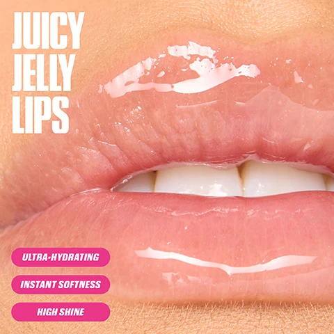 Image 2 - Close-up of glossy lips with the text Juicy Jelly Lips in bold white letters, and three pink labels reading Ultra-Hydrating, Instant Softness, and High Shine.
Image 3 - A clear bottle labeled hudabeauty contains a pink liquid and is surrounded by sliced passion fruits, with text reading ULTRA SHINE, PASSION FRUIT OIL, SMOOTHING, PEPTIDES, HYDRATING, SQUALANE, NOURISHING, and SHEA BUTTER.
Image 4 - A close-up image of a pink glossy liquid dripping, alongside a lip gloss applicator with a fluffy tip; visible text includes JUICY DOE FOOT, YUMMY FRUIT SCENT, and POINTED PRECISION TIP.
Image 5 - A woman with glossy, jelly-stained lips poses while holding a lip product, wearing a pink long-sleeve top with bold text saying Jelly Stained Lips, Rich Brown, and Juicy Peach.