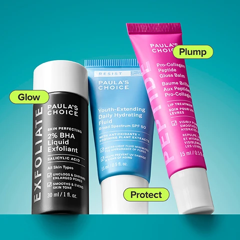 Image 1 - Image shows three skincare products from Paulas Choice, including a black bottle labeled Exfoliate with text describing it as a 2% BHA Liquid Exfoliant, a blue tube labeled Resist for Youth-Extending Daily Hydrating Fluid with SPF 50, and a pink tube labeled Peptide for lip treatment, with keywords Glow, Protect, and Plump highlighted.
Image 2 - Image shows a section titled Whats inside with descriptions of three ingredients: Salicylic Acid, Avobenzone, and Tridecapeptide-1, along with corresponding visual elements; visible text includes descriptions of each ingredients benefits.
Image 3 - A side-by-side comparison of a persons chin and cheek showing acne and blemishes on the left labeled BEFORE and clearer skin on the right labeled AFTER 3 WEEKS with promotional text stating 2% BHA Clinically proven to reduce visible blackheads & whiteheads.
Image 4 - Image shows a diagram explaining how BHA (Salicylic Acid) works, with a graphic of a droplet and text stating SALICYLIC ACID works within the pore lining to unclog skin without damaging the skin barrier, along with skin concerns listed as Enlarged or Clogged Pores, Breakout-Prone, Blackheads, and Dullness.
Image 5 - Image features four close-up portraits of individuals showing the effects of SPF moisturizer with no white cast on various skin tones, labeled BEFORE and IMMEDIATELY AFTER for each person, with the text prominently displayed above the images stating SPF Moisturiser with no white cast on all skin tones.
Image 6 - Image showing a comparison of lips in three stages: the top image labeled Before, the middle image labeled After 15 Minutes, and the bottom image labeled After 4 Weeks, with text stating Visibly plumps lips in 15 minutes.