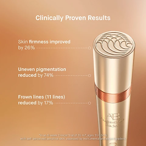 Image 1 - The image displays clinical results information next to a golden product bottle, showing the text Clinically Proven Results, Skin firmness improved by 26%, Uneven pigmentation reduced by 74%, Frown lines (11 lines) reduced by 17%, AB Augustinus Bader, and *In an 8-week Clinical Trial of 35 m/f, ages 35+, 50% with self-perceived sensitive skin; assessed by instrumental and expert graders. Image 2 - A gold and clear bottle of skincare product rests on a swirl of cream with text reading ADVANCED TFC8 A proprietary complex that enhances skin renewal with a biomimetic nutrient delivery system EXCLUSIVE PHYTO-PEPTIDIC CONCENTRATE Exosome-rich concentrate that helps prevent visible signs of aging BIOMIMETIC ELASTIN Supports natural elastin and collagen production for firmer lifted skin MARINE ALGAE ACTIVATOR Firms smooths and brightens for a luminous glow AB Augustinus Bader THE ELIXIR WITH ADVANCED TFC8 LÉLIXIR AVEC TFC8 OPTIMISÉ 30 ml e 1 fl oz. Image 3 - Image comparing Augustinus Bader The Serum and The Elixir skincare products side by side, showing the bottles and listing details: The Serum Key Ingredients TFC8 Edelweiss Extract Polysaccharide Moisture Complex Texture Lightweight cream serum Key Benefits Firming & Hydrating Key Concerns Loss of elasticity fine lines and wrinkles skin barrier function dryness dullness Ideal For All skin types; The Elixir Key Ingredients Advanced TFC8 Exclusive Phyto-Peptidic Concentrate Biomimetic Elastin Texture Luxurious silky serum Key Benefits Accelerated Renewal Rapid Skin Lifting Key Concerns Skin cell health wrinkles loss of firmness and elasticity sagging skin uneven texture dullness dryness Ideal For Mature skin types.