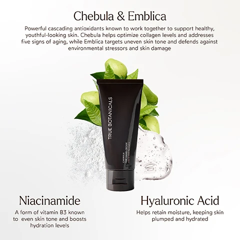 Image 1 - An image of a black tube of skincare product labeled True Botanicals, surrounded by green leaves and water droplets, with text describing the ingredients Chebula & Emblica, Niacinamide, and Hyaluronic Acid, along with their benefits for skin health.
Image 2 - An image of a creamy, white texture with the text CHEBULA THE HAND CREAM A Cream That Works as Hard as Your Hands followed by five bullet points: Targets five signs of aging, Protects against environmental damage, Brightens dark spots, Deeply hydrating & prevents dryness, Alcohol free, Clinically Proven, Pregnancy Safe and several certification logos.
Image 3 - An assortment of skincare products featuring a serum, cream, eye patches, and hand cream is displayed against a soft floral background, with the text SHOP OUR Full Chebula Line prominently above the products.
Image 4 - An informational graphic promoting True Botanicals products, highlighting that they are certified MADE SAFE and listing banned ingredients, with visible text stating MADE WITH SAFE INGREDIENTS, MADE SAFE, and www.madesafe.org, along with various icons and a detailed explanation of the certification and banned substances.
Image 5 - A close-up of a womans hand with a creamy lotion applied to the skin, accompanied by the text 100% said their hands felt significantly softer, smoother, & immediately more hydrated. Based on a single blind study of 33 women between the ages of 35-65 when used 3x daily.