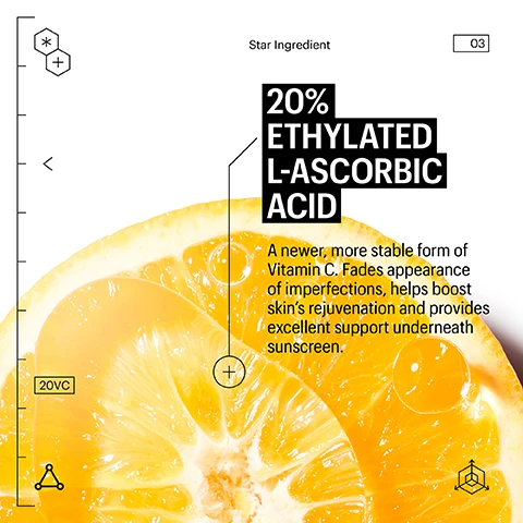 Image 1 - The image shows a cross-section of an orange with graphical lines and text overlays, highlighting the Star Ingredient 20% ETHYLATED L-ASCORBIC ACID, described as A newer, more stable form of Vitamin C that fades appearance of imperfections, helps boost skins rejuvenation and provides excellent support underneath sunscreen, along with labels 03 and 20VC. Image 2 - A before and after image comparison showing a persons forehead and eyes, with the top image labeled Day 01 displaying visible wrinkles and the bottom image labeled Day 56 showing visibly reduced wrinkles, accompanied by the text CLINICALLY TESTED. PROVEN EFFICACY. Image 3 - A white customer review card with five stars is positioned over several white boxes and tubes of Allies of Skin Molecular Silk Amino Hydrating Cleanser products, featuring the text C Charlene, A GIFT FOR YOUR SKIN, The only cleanser you need. It leaves your skin soft and clean, without stripping any moisture. Start your routine with the best product there is on the market. Highly recommended!