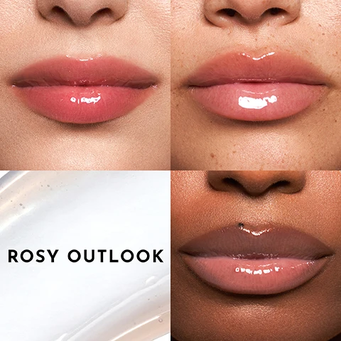 Image 1 - A collage featuring four close-up images of different lips with varying shades of gloss, along with the text ROSY OUTLOOK in bold letters at the bottom.
Image 2 - Image shows a split comparison of lips, with the left side labeled BEFORE showing less hydration and volume, and the right side labeled AFTER showing fuller, smoother, and more hydrated lips, with text stating 100% agreed lips felt more hydrated, 95% agreed lips looked and felt smoother, and 75% agreed lips looked fuller and more plump.
Image 3 - A person is applying a glossy lip product, holding a tube labeled LAWLESS and an applicator with soft pink tip near their lips, showcasing a radiant smile and subtle freckles.
Image 4 - An image of a glossy, pale pink lip gloss smeared on a surface, with text that reads visibly plumps lips by 40% with Maxi-Lip™, hydrates and soothes with shea butter, softens lips while retaining moisture with rosehip oil, and Lawless.
Image 5 - Image of an oversized lip gloss applicator with a soft, curved doe foot on a pink background, featuring text that reads OVERSIZED DOE FOOT CURVED TO HUG LIPS, NON-STICKY FINISH, PLUMPS, BUT NEVER BURNS, and noting the shade as Rosy Outlook along with the brand name LAWLESS.