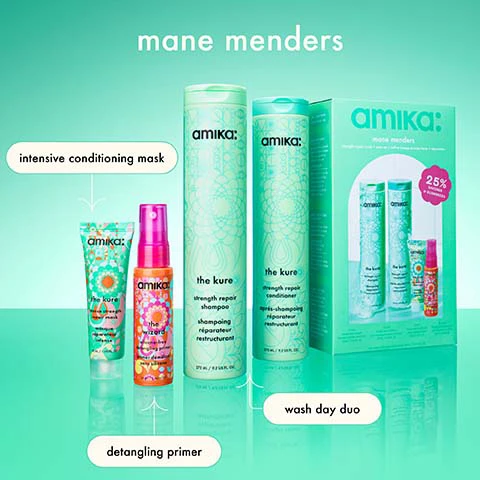 Image 1 - A collection of hair care products from Amika labeled mane menders, including an intensive conditioning mask, detangling primer, and strength repair shampoo, displayed against a mint green background with promotional text indicating a 25% discount.
Image 2 - A split image showing two women with curly hair; the left side labeled before shows a woman with frizzy, voluminous hair, while the right side labeled after depicts the same woman with defined, smooth curls, with the text strengthen + reduce breakage on all hair types at the bottom.
Image 3 - Image shows a comparison of two hairstyles: the left side labeled before with frizzy, unkempt curls and the right side labeled after with defined, well-structured curls; visible text reads strengthen + reduce breakage on all hair types.
Image 4 - A woman with curly hair smiles while holding a light green hair care product, with text on the image stating the benefits of the product: strengthening duo for dry + damaged hair, 2x stronger hair, 55% less breakage, ideal for hair damaged by chemical + physical stressors, and color safe.
Image 5 - An image of a light blue container of Amika hair mask with a creamy product shown inside, featuring text stating strengthening + conditioning mask for dry, damaged hair, 5.6x stronger hair, 82% less breakage, hair is 9.2x more conditioned, and for hair damaged by chemical + physical stressors.
Image 6 - A hand holds a spray bottle of Amikas detangling mist against an orange background, with text highlighting its benefits: detangles all hair types, primes + preps for heat styling, reduces frizz, and protects against 450°F heat.
Image 7 - Image shows a light green background with three sections highlighting hair-loving ingredients: Sea Buckthorn with a description about being an omega-rich plant source, Plant Butters indicating richness in nutrients, and Bond Fortifying Technology explaining how it helps strengthen hair bonds, with an illustration of oil and a creamy substance nearby.
Image 8 - Image shows three product boxes from amika on a bright orange background, with labels indicating their benefits: deeply hydrate + detangle, cleanse + nourish, and strengthen + reduce breakage, along with a discount tag of 25% on each box.
Image 9 - The image features an arrangement of sliced orange, white flower petals, and vanilla pods with text labels identifying the scent elements: sandalwood, vanilla, orchid, rose, and grapefruit, along with the title the signature scent.
Image 10 - An image of bright orange sea buckthorn berries with a decorative pink shape in the center containing text that reads, nourishes strands, scalp + skin while restoring lipids in the hair to help increase shine, manageability, softness + strength.
Image 11 - Two bottles of Amika The Kure strength repair shampoo are displayed against a turquoise tiled background, with text listing features like color safe, vegan, cruelty-free, no mineral oil, phthalate-free, paraben-free, SLES and SLS-free, and suitable for chemically treated hair.