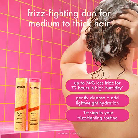 Image 1 - A person with wet hair is applying a product to their hair under a shower, with a bright pink tiled background; the image features two haircare products from Amika, along with text that states up to 74% less frizz for 72 hours in high humidity, gently cleanse + add lightweight hydration, and 1st step in your frizz-fighting routine.
Image 2 - Before and after comparison of a woman with curly hair on the left and straight hair on the right, with text below stating smooth results achieved with forget frizz wash care, frizz-me-not treatment + a blowout.
Image 3 - Image shows a side-by-side comparison of hair with a frizzy, voluminous texture on the left labeled before, and sleek, shiny hair with defined waves on the right labeled after, accompanied by text that reads smooth results achieved with forget frizz wash care, frizz-me-not treatment + a blowout.
Image 4 - Image of two hair care products from Amika with a pink and orange gradient background, featuring the text frizz-fighting technology, accompanied by descriptions of the ingredients: Aloe Leaf Juice benefits, Extended Humidity Shield benefits, Water Lily Extract benefits, and Sea Buckthorn benefits.
Image 5 - A side-by-side comparison of a woman with voluminous frizzy hair on the left labeled before and the same woman with defined curls on the right labeled after, with text below stating smooth results achieved with forget frizz wash care, frizz-me-not treatment + diffusing curls.
Image 6 - Image shows two photos of the same individual, with the left side labeled before showing frizzy, unstyled hair and the right side labeled after displaying smooth, defined curls; the visible text reads smooth results achieved with forget frizz wash care, frizz-me-not treatment + diffusing curls.
Image 7 - Image shows two hair care products from the brand Amika on a bright orange background; on the left, there are two bottles labeled forget frizz shampoo and conditioner with a description of cleanse plus condition for reduced frizz plus lightweight hydration, and on the right, there is a single bottle labeled smooth over treatment with a description of 60 second treatment to instantly reduce frizz.
Image 8 - Image shows a comparison of hair before and after treatment, with a woman on the left having frizzy, voluminous hair and on the right with smooth, straight hair; text at the bottom reads smooth results achieved with forget frizz wash care, frizz-me-not treatment + a blowout.
Image 9 - The image shows a woman with curly, voluminous hair on the left labeled before, and the same woman with straight, sleek hair on the right labeled after, with the text at the bottom stating smooth results achieved with forget frizz wash care, frizz-me-not treatment + a blowout.
Image 10 - Image depicts a colorful chart titled discover your wash day hero, featuring five sets of shampoo and conditioner products with their descriptions under WHAT IT DOES and WHO ITS FOR, stating various benefits for different hair types and concerns.
Image 11 - An overhead view of various fruits and flowers, featuring orange grapefruit segments, white orchids, and pink roses, with text labels that read the signature scent, sandalwood, vanilla, rose, orchid, and grapefruit.
Image 12 - Two bottles of Amika hair care products, one labeled forget frizz anti-frizz shampoo and the other forget frizz anti-frizz conditioner, are displayed against a bright pink background with visible icons for vegan, cruelty-free, paraben-free, phthalate-free, SLES + SLS free, and color-safe.
Image 13 - A close-up image of bright orange sea buckthorn berries with a pink and yellow decorative text box that reads our signature superfruit: sea buckthorn nourishes strands, scalp + skin while restoring lipids in the hair to help increase shine, manageability, softness + strength.