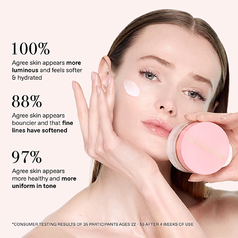 Image 1 - A person is applying a cream to their face while holding a jar labeled Pat McGrath Labs, with statistics about skin benefits: 100% agree skin appears more luminous and feels softer and hydrated, 88% agree skin appears bouncier and that fine lines have softened, and 97% agree skin appears more healthy and more uniform in tone, with a note about consumer testing results.
Image 2 - A close-up image of a person applying a creamy moisturizer to their cheek, showcasing glowing skin, with text on the right side highlighting the benefits of ingredients like Vitamins C+E, Rose & Fig Complex, and Oxy lance.