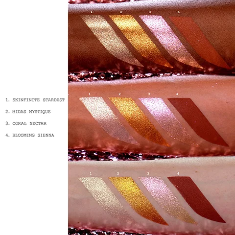 The image shows two rows of four colorful makeup swatches on skin, each labeled with numbers and names: 1. SKINFINITE STARDUST, 2. MIDAS MYSTIQUE, 3. CORAL NECTAR, 4. BLOOMING SIENNA, with the first row featuring shimmering hues and the second row showing more muted tones.