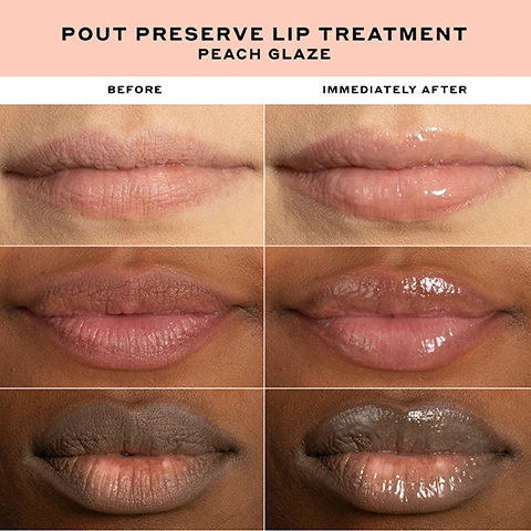 Image 1 - Image shows before and immediately after views of three different peoples lips after using the lip treatment, with text Pout Preserve Lip Treatment Peach Glaze Before Immediately After. Image 2 - A person applying lip product to their lips with the text Instantly hydrates + improves elasticity* Instantly reduces the look of lip lines* *In an 8-week clinical study on 39 people on the image. Image 3 - A peach-colored swatch is shown with lines connecting to images of ingredients and text LIP-PLUMPING HYDRATION LIP-SPECIFIC PEPTIDES Help make lips look more defined + fuller KOKUM + MANGO SEED BUTTER Soothe nourish + condition lips ACAI STEROLS Help strengthen skin barrier + boost hydration SCANDINAVIAN CLOUDBERRY OIL Packed with antioxidants + moisture helps soften lips. Image 4 - Swatches of five lip tints with text: Crème Brûlée Beige-nude tint, Strawberry Sorbet Mauve-pink tint, Cocoa Crème Chocolate brown tint, NEW + LIMITED EDITION Peach Glaze Sweet peach tint, Citrus Sunshine Sheer tint. Image 5 - Photo of Olehenriksen Peach Glaze Glow skincare products next to a peach, with text THE JUICY CLINICAL RESULTS YOUR SKIN CRAVES, PEACH GLAZE GLOW NIACINAMIDE SERUM A plush, peach-powered gel serum to clinically brighten+ plump with every pump, PEACH GLAZE GLOW MIST An ultra-fine facial mist for brightening + hydration instantly and over time, PEACH GLAZE POUT PRESERVE A juicy squeeze of sweet peach for fuller-looking lips in 1 week.