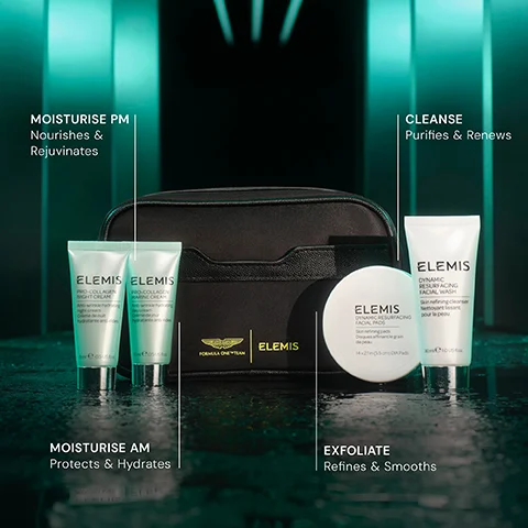 A black toiletry bag with FORMULA ONE TEAM and Elemis branding is centered, surrounded by four Elemis skincare products: two silver tubes of Elemis Pro-Collagen Night Cream and Elemis Pro-Collagen Marine Cream, a white tub of Elemis Dynamic Resurfacing Facial Pads, and a white tube of Elemis Dynamic Resurfacing Facial Wash, accompanied by text overlays stating MOISTURISE PM Nourishes & Rejuvenates, MOISTURISE AM Protects & Hydrates, CLEANSE Purifies & Renews, and EXFOLIATE Refines & Smooths.