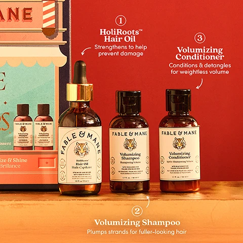 Image 1 - Three Fable & Mane hair products are displayed on a surface against a red background, including a HoliRoots Hair Oil dropper bottle, a Volumizing Shampoo bottle, and a Volumizing Conditioner bottle, with accompanying text reading (1) HoliRoots Hair Oil Strengthens to help prevent damage, FABLE & MANE HoliRoots Hair Oil Huile Capillaire, FABLE & MANE Volumizing Shampoo Shampooing Volume, (2) Volumizing Shampoo Plumps strands for fuller-looking hair, FABLE & MANE Volumizing Conditioner Après-shampooing Volume, and (3) Volumizing Conditioner Conditions & detangles for weightless volume, while a Fable & Mane gift box is partially visible on the left containing two smaller FABLE & MANE Volumizing Shampoo and FABLE & MANE Volumizing Conditioner bottles. Image 2 - A split image shows a close-up of a persons scalp with thinning hair on the left labeled BEFORE and fuller hair on the right labeled AFTER, promoting HoliRoots™ Hair Oil. Image 3 - A split image shows a womans hair before and after treatment, with the left side displaying dull, straight hair and the right side featuring shiny, wavy hair, with the text Shine Hair Mask BEFORE AFTER. Image 4 - A before and after image showing a woman with flat, straight dark hair on the left, and on the right, the same woman with significantly more voluminous, wavy dark hair, with text reading Volumizing Shampoo & Conditioner, BEFORE, and AFTER. Image 5 - A multi-panel image shows a person applying hair oil, a person washing hair with shampoo, and a person with wet curly hair, with accompanying text that reads: HoliRoots™ Hair Oil. Massage oil into the scalp, leave in for at least 5 minutes or overnight for best results. Rinse before cleansing. Volumizing Shampoo & Conditioner. Lather in shampoo, massage into the scalp and rinse. Next, apply conditioner from mid-lengths to ends and rinse. Shine Hair Mask. Apply mask from mid-length to ends and leave in for at least 3 minutes. Rinse thoroughly. Image 6 - A smiling person with long curly dark hair holds two small bottles of Fable & Mane Volumizing Shampoo and Volumizing Conditioner, with visible text The Fable Promise, SUITABLE FOR ALL HAIR TYPES, VEGAN FORMULA, NO SILICONES, and SULFATE-FREE SANS SULFATE.