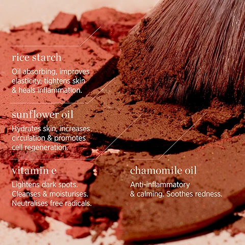 Image 1 - Close-up of broken reddish-brown powder makeup with a brush, overlaid with text describing ingredients: rice starch Oil absorbing, improves elasticity, tightens skin & heals inflammation. sunflower oil Hydrates skin, increases circulation & promotes cell regeneration. vitamin e Lightens dark spots. Cleanses & moisturises. Neutralises free radicals. chamomile oil Anti-inflammatory & calming. Soothes redness. Image 2 - A visual display showing rice, sunflower petals, oil drops, and chamomile petals, with the text rice starch oil absorbing, tightens skin elasticity & heals inflammation. sunflower oil hydrates skin, increases circulation & cell regeneration. vitamin e anti-inflammatory, neutralises free radicals, protects skin. chamomile oil soothes sensitivities & redness, combats free radicals. Image 3 - A close-up shows a persons face with blush applied, holding a two-shade makeup compact, and includes text WHAT YOULL LOVE, luminous cheek flush, velvet shimmer finish, plastic-free refillable, oil-absorbing formula, stunning colour duo, and Ere Perez on the compact. Image 4 - A split image shows a smiling face before and after applying blush or bronzer with text Rice Powder Blush & Bronzer Brooklyn before after.
