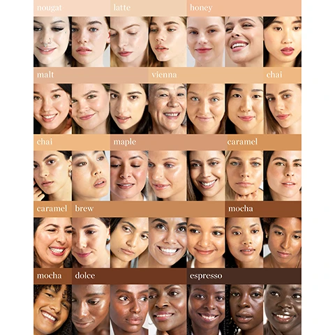Image 1 - A grid of models showcasing foundation shades labeled nougat latte honey malt vienna chai maple caramel brew mocha dolce espresso. Image 2 - Swatches of liquid foundation in various shades with the text HERO INGREDIENTS - oat milk Antioxidant, rich in vitamins C & E. Gently exfoliates to improve skin & reduce acne. peach Eliminates free radicals for a youthful glow. Minimises UV damage. vitamin e Moisturises all skin types. Fights the signs of ageing & helps lighten dark spots. Image 3 - The image displays three ingredients with text descriptions: oat milk removes dead skin, absorbs excess oil, reduces breakouts peach reduces dark circles, hydrates, brightens skin vitamin e moisturises skin, fights signs of ageing, brightens dark spots. Image 4 - A shade finder wheel displaying makeup shades for different skin tones with labels for Lychee Creme Corrector, Oat Milk Foundation, and Arnica All-Cover Pot, titled shade finder wheel {high pigmented flexi-shades}. Image 5 - Side by side before and after image of a womans face showing uneven skin texture before and smoother skin texture after applying foundation, with text Oat Milk Foundation Vienna before after. Image 6 - A womans face shown before and after applying foundation, with text before, after, and Oat Milk Foundation Vienna.