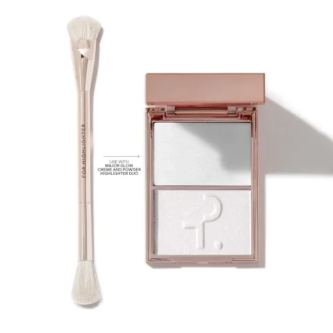 A dual-ended highlighter brush is displayed next to a compact of highlighter that has two sections: one with a smooth surface and the other with a textured surface, with the text USE WITH DUAL-ENDED HIGHLIGHTER BRUSH visible on the image.