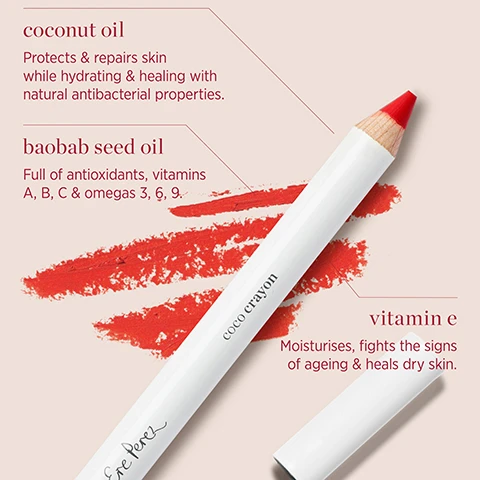 Image 1 - A red Coco Crayon lip pencil by Ere Perez is shown with red swatches and text highlighting ingredients coconut oil Protects & repairs skin while hydrating & healing with natural antibacterial properties baobab seed oil Full of antioxidants, vitamins A, B, C & omegas 3, 6, 9 vitamin e Moisturises, fights the signs of ageing & heals dry skin. Image 2 - Abstract image showing baobab seed oil liquid, a cracked coconut, and vitamin E liquid with the text baobab seed oil full of antioxidants, vitamins a, b, c & omegas 3, 6, 9. coconut oil protects & repairs skin while hydrating & healing. natural antibacterial properties. vitamin e moisturises, fights the signs of ageing & heals dry skin. Image 3 - A white lip or cheek crayon is shown inside half a coconut shell alongside text that reads coco crayons coconut oil Protects & repairs skin while hydrating & healing with natural antibacterial properties baobab seed oil Full of antioxidants, vitamins a, b, c & omegas 3, 6, 9 vitamin e Moisturises, fights the signs of ageing & heals dry skin Skin-loving oils for lips & cheeks All natural fun colour that glides on smooth coco crayon ere perez. Image 4 - A close-up image of a womans face with makeup applied to her eye, cheek, and lips, holding a white pencil next to her face with text labels pointing to areas, including WHAT YOULL LOVE, multitasking crayon, eye shadow, blush, coconut & baobab oil to nourish lips, lipstick, and coco crayon - brave, plus the text coco crayon printed vertically on the pencil. Image 5 - Grid of nine close-ups of lips wearing different lipstick shades: grace charm babe brave wild heart siren rebel spark. Image 6 - Image shows lips with spark lipstick applied in one, two, and three layers to demonstrate buildable colour BUILDABLE COLOUR spark - 1 layer spark - 2 layer spark - 3 layer
