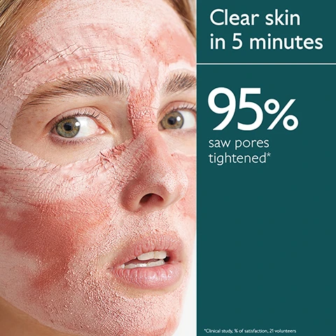 Image 1 - A persons face wearing a cracked pink clay mask is shown with text overlay reading Clear skin in 5 minutes, 95% saw pores tightened*, and *Clinical study, % of satisfaction, 21 volunteers. Image 2 - A smiling woman holds a pink frosted Caudalie Beauty Elixir bottle that reads CAUDALIE PARIS, a grape cluster logo, Eau de Beauté, Lissante, Éclat du teint., Beauty Elixir, Smoothing, Glowing complexion, 100 mL – 3.3 Fl. Oz., with overlaid text on the right stating 100% saw their pores tightened immediatly after use*, *Clinical test, % of satisfaction, results observed immediately after application. Image 3 - A woman with closed eyes smiles while a hand sprays Caudalie Beauty Elixir mist from a bottle towards her face against a pink background, with text on the bottle reading CAUDALIE PARIS, Eau de Beauté, Lissante. Eclat du teint. Beauty Elixir Smoothing. Glowing complexion. 100mL - 3.3 Fl. Oz. and text on the background reading Prepares skin, sets makeup and glows the complexion!