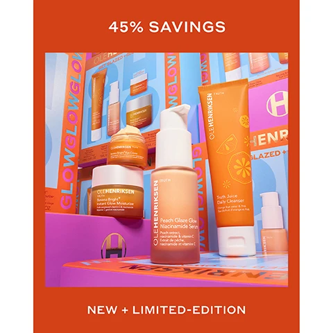 Image 2 - A vibrant arrangement of OLEHENRIKSEN skincare products features an orange Truth Juice Daily Cleanser tube, a peach Peach Glaze Glow Niacinamide Serum pump bottle, and gold Banana Bright+ Instant Glow Moisturizer and Banana Bright+ Eye Crème jars, displayed on a pink and orange box, with visible text including 45% SAVINGS, NEW + LIMITED-EDITION, OLEHENRIKSEN TRUTH Truth Juice Daily Cleanser Orange fruit water & PHA 60ML/2FL.OZ., OLEHENRIKSEN TRUTH Peach Glaze Glow Niacinamide Serum Peach extract, niacinamide & vitamin C, OLEHENRIKSEN TRUTH Banana Bright+ Instant Glow Moisturizer Gold-complexed vitamin C & niacinamide, OLEHENRIKSEN TRUTH Banana Bright+ Eye Crème Gold-complexed vitamin C & banana powder-inspired pigments, GLOWGLOWGLOW, and OLEHENRIKSEN GET GLAZED + GLOW. Image 3 - A collection of orange and pink Ole Henriksen skincare products is displayed on and around three stacked gift boxes (green, pink, orange) with an H logo, next to a blue Ole Henriksen gift set box, with the visible text YOUR GLOW STARTS HERE, 01 / TRUTH JUICE DAILY CLEANSER Cleanse A.M. + P.M., 02 / PEACH GLAZE GLOW NIACINAMIDE SERUM Brighten + plump, 03 / BANANA BRIGHT+ INSTANT GLOW MOISTURIZER Hydrate + glow, 04 / BANANA BRIGHT+ EYE CRÈME Improves the look of dark circles, OLEHENRIKSEN GET GLAZED + GLOWING, GLOWGLOWGLOW, Skincare Set / Coffret de soins, Truth Juice Daily Cleanser 60ML / 2 FL. OZ., Peach Glaze Glow Niacinamide Serum 15ML / 0.5 FL. OZ., Banana Bright+ Eye Crème 15ML / 0.5 FL. OZ., and Banana Bright+ Instant Glow Moisturizer 35ML / 1.2 FL. OZ. Image 4 - A before and after comparison of an eye, showing the left side with a visibly darker under-eye area and the right side with a noticeably brighter under-eye area, both outlined with dotted lines, with text reading: BANANA BRIGHT+ EYE CRÈME REDUCES THE LOOK OF DARK CIRCLES* *In an 8-week clinical study on 38 people. Image 5 - Two open orange jars of Ole Henriksen Truth Banana Bright+ Eye Crème, Gold-complexed vitamin C & collagen, are displayed with a white lid, featuring text that highlights 29% brighter undereyes*, 40% reduction in crows feet*, and 70% instant increase in hydration*, all from an *In an 8-week clinical study on 38 people. Image 6 - A split image shows a womans face, with the left side before product use having duller skin and visible pores, and the right side instantly after showing brighter, plumper, hydrated skin, with text below reading BEFORE, INSTANT, Peach Glaze Glow Niacinamide Serum Instantly Brightens + Plumps Skin With Hydration*, *In an 8-week clinical study on 37 people. Image 7 - A peach-colored Ole Henriksen Truth Peach Glaze Niacinamide serum bottle with a drop of product on its pump rests on two peach halves, with visible text including Peach extract, niacinamide & vitamin E, Extrait de pêche, niacinamide et vitamine E, and performance claims 94% saw instantly plumper-looking skin*, 97% had instantly smaller-looking pores*, 100% had instantly brighter skin*, and a note *In an 8-week clinical study of 37 people. Image 8 - A split-screen image of a persons face shows the skin on the left side labeled BEFORE as less radiant, and the skin on the right side labeled INSTANT as visibly brighter and more dewy, with the text below reading BANANA BRIGHT+ INSTANT GLOW MOISTURIZER INSTANTLY BRIGHTENS* Study participant pictured *In an 8-week clinical study on 35 people. Image 9 - An Ole Henriksen Banana Bright+ Instant Glow Moisturizer jar with an amber-to-orange gradient and a white lid is topped with orange slices and has a golden liquid pouring over them and dripping down the side, with text reading OLEHENRIKSEN TRUTH Banana Bright+ Instant Glow Moisturizer Gold-complexed vitamin C & niacinamide Vitamine C gold et niacinamide, 30% brighter skin over time*, 64% firmer skin in 8 weeks*, 100% agree it improves the look of makeup*, and *In an 8-week clinical study on 35 people.