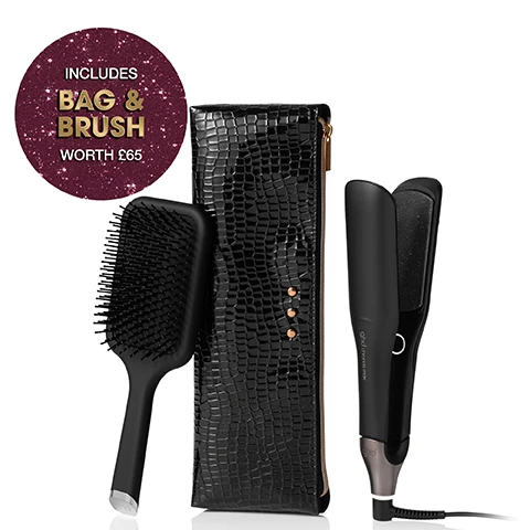 Image 1 - A black ghd chronos max hair straightener, a black paddle brush, and a black crocodile-texture heat-resistant bag are displayed, with a glittery pink circle stating INCLUDES BAG & BRUSH WORTH £65. Image 2 - A black ghd chronos max hair straightener, a black faux crocodile skin heat-resistant pouch, and a black paddle brush are arranged on a shimmering gold glitter surface with the text NEW GHD CHRONOS MAX GIFT SET, ghd chronos max, and ghd. Image 3 - A black ghd chronos max hair straightener with a power cord, a black ghd paddle brush, and a black crocodile-textured heat-proof bag with gold details are displayed on a white background, with text below reading WHATS INSIDE: ghd Chronos Max Hair Straightener, ghd Paddle Brush & Heat-Proof Bag. Image 4 - A woman in a black dress with red lipstick holds a black ghd chronos max hair straightener and a clutch bag, with a black brush on a shimmering gold table, against a red checkered background featuring multiple ghd logos, displaying the prominent white text 85% LARGER PLATES. Image 5 - A woman with long, straight brown hair, red lipstick, and silver dangle earrings holds a black hairbrush, a shiny black clutch, and a black hair straightener, standing in front of red drapes and a white wall, with a gold sconce decorated with burgundy ribbons that feature the words GOOD HAIR DAY, alongside large white text that reads 3X FASTER ONE-STROKE STYLING. Image 6 - A woman with long brown hair, red lipstick, and a black top is straightening her hair with a black ghd chronos max hair tool, with a subtle ghd logo pattern in the background and white text at the bottom left that reads IDEAL FOR LONG, THICK AND CURLY HAIR.