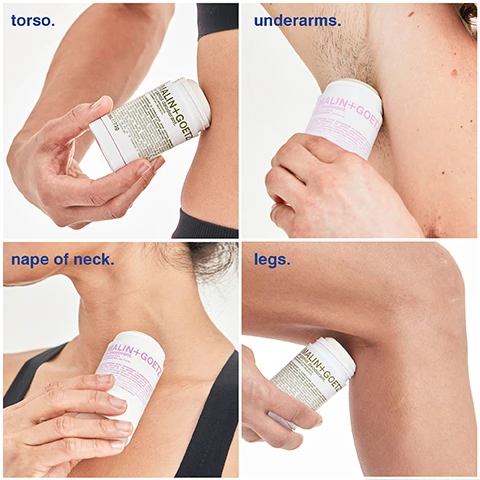 Image 1 - A four-panel image shows a hand applying a Malin+Goetz bergamot deodorant stick to different body areas including the torso, underarms, nape of neck, and legs, with visible text MALIN+GOETZ. bergamot deodorant. torso. underarms. nape of neck. legs. Image 2 - A flat lay of natural ingredients including lavender, roses, cloves, peppercorns, and seeds on a white background with text reading + fermented enzymes. BALANCE THE SKIN + NEUTRALIZE ODOR. + cornstarch + kaolin clay. HELPS ABSORB EXCESS MOISTURE. + otto scent. GENDER-NEUTRAL FLORAL.