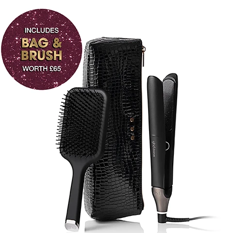 Image 1 - A set of black hair styling tools is displayed, featuring a ghd chronos hair straightener, a ghd paddle brush, and a black crocodile-effect heat-resistant bag, accompanied by a glittery maroon badge in the top left corner that states INCLUDES BAG & BRUSH WORTH £65. Image 2 - A black ghd Chronos hair straightener, a black ghd paddle brush, and a black crocodile-textured pouch are arranged on a sparkling gold background, with the visible text GHD CHRONOS GIFT SET, ghd chronos, and ghd. Image 3 - The image displays a black ghd paddle brush, a black ghd Chronos hair straightener with its power cord, and a black crocodile-embossed heat-proof bag, all on a white background, with the text WHATS INSIDE: ghd Chronos Hair Straightener, ghd Paddle Brush & Heat-Proof Bag. Image 4 - A woman with dark wavy hair and red lipstick holds a black ghd hair straightener, with a black clutch bag and brush on a glittering gold surface, and two purple textured cases nearby, all against a red background patterned with the ghd logo, displaying the text 3X FASTER ONE-STROKE STYLING. Image 5 - A woman with wavy dark hair, red lipstick, and a maroon ribbon that reads GOOD HAIR DAY holds a black hair straightener, looking over her shoulder with visible text that says HD RESULTS THAT LAST 24 HRS. Image 6 - A woman with long dark wavy hair, red lipstick, and red nail polish uses a black ghd Chronos hair styler to curl a section of her hair, against a patterned red background. IDEAL FOR FASTER STYLING & DEFINED RESULTS SUITABLE FOR ALL HAIR TYPES.