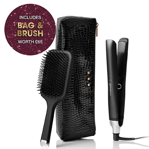 Image 1 - A ghd Platinum+ hair straightener, black paddle brush, and a black crocodile-effect heat-resistant carry bag are displayed, with a glittery circular overlay stating INCLUDES BAG & BRUSH WORTH £65. Image 2 - A ghd Platinum+ hair styler, a black paddle brush, and a shiny black crocodile-patterned pouch are displayed on a sparkling gold background, with visible text GHD PLATINUM+ GIFT SET and ghd platinum +. Image 3 - A black ghd paddle brush, a black ghd Platinum+ hair straightener, and a black crocodile-textured heat-proof bag are displayed on a white background, with text that reads WHATS INSIDE: ghd Platinum+ Hair Straightener, ghd Paddle Brush & Heat-Proof Bag. Image 4 - A woman with long dark wavy hair and sparkling earrings holds a ghd platinum+ hair straightener and a black clutch bag, positioned on a sparkly gold table with a ghd glide hairbrush and maroon textured boxes, against a red background patterned with ghd logos, with large white text at the top that reads SMART STYLER THAT PREDICTS YOUR HAIRS NEEDS. Image 5 - A woman with long wavy dark hair and dramatic makeup leans over a marble dresser, holding a black ghd platinum+ hair straightener with the ghd logo visible, and a black hairbrush, with gold tinsel scattered on the dresser, against an ornate background, with the text FIVE-STAR HAIR GIFTS visible in the bottom right. Image 6 - A woman with long brown hair uses a black ghd hair straightener, set against a red background with ghd dot patterns, and the text IDEAL FOR COLOURED HAIR, AND SUITABLE FOR ALL HAIR TYPES.