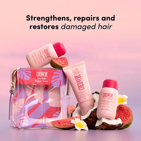 Image 1 - Pink Coco & Eve hair products, including two bottles and a tube from the Sweet Repair line, are arranged with a clear cosmetic bag featuring tropical leaf patterns, fresh guava slices, coconut halves, and white plumeria flowers on a pink and purple background, with visible text reading Strengthens, repairs and restores damaged hair, COCO & EVE The Hair Repair Icons, COCO & EVE SWEET REPAIR, REBALANCING & RESTORIZING HAIR MASK, and NOURISHING & RESTORING HAIR OIL. Image 2 - A clear plastic travel bag with a pink top and purple palm leaf designs contains a pink towel and three pink travel-sized Coco & Eve Sweet Repair hair products, sitting on pink sand with white plumeria flowers under a blue sky, alongside the text Hair Repair on-the-go with this travel sized hair restoring trio. Contains travel-sized Shampoo, Conditioner & Mask. and Coco & Eve The Hair Repair Icons. Image 3 - A split image shows the back of a woman with long blonde hair, appearing dry and frizzy on the left and smooth and shiny on the right, with visible text that reads Before, After, Using Sweet Repair Shampoo, Conditioner and Mask as part of a regimen, and UNRETOUCHED.