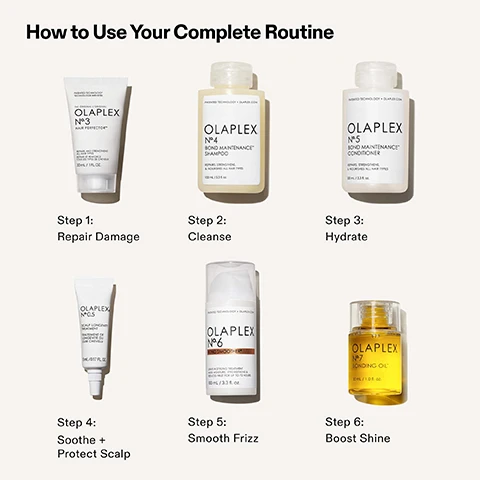 Image 1 - A grid displays six Olaplex hair care products, each with a step number and function, outlining a complete routine, and includes the text: How to Use Your Complete Routine, Step 1: Repair Damage, PATENTED TECHNOLOGY TECHNOLOGIE BREVETÉE THE ORIGINAL LORIGINAL OLAPLEX No.3 HAIR PERFECTOR REPAIRS AND STRENGTHENS ALL HAIR TYPES RÉPARE ET RENFORCE TOUS LES TYPES DE CHEVEUX 30 mL / 1 FL. OZ., Step 2: Cleanse, PATENTED TECHNOLOGY OLAPLEX.COM OLAPLEX No.4 BOND MAINTENANCE SHAMPOO REPAIRS, STRENGTHENS, & NOURISHES ALL HAIR TYPES 100 mL / 3.3 fl. oz., Step 3: Hydrate, PATENTED TECHNOLOGY OLAPLEX.COM OLAPLEX No.5 BOND MAINTENANCE CONDITIONER REPAIRS, STRENGTHENS, & NOURISHES ALL HAIR TYPES 100 mL / 3.3 fl. oz., Step 4: Soothe + Protect Scalp, OLAPLEX No.0.5 SCALP LONGEVITY TREATMENT TRAITEMENT DE LONGEVITÉ DU CUIR CHEVELU 5 mL / 0.17 FL. OZ., Step 5: Smooth Frizz, PATENTED TECHNOLOGY OLAPLEX.COM OLAPLEX No.6 BOND SMOOTHER LEAVE-IN STYLING TREATMENT ADDS MOISTURE, STRENGTHENS & REDUCES FRIZZ FOR UP TO 72 HOURS 100 mL / 3.3 fl. oz., Step 6: Boost Shine, OLAPLEX No.7 BONDING OIL 30 mL / 1.0 FL. OZ. Image 2 - The image shows How to Use Your Everyday Routine, a four-step Olaplex hair care regimen: Step 1 Cleanse, with Olaplex No. 4 Bond Maintenance™ Shampoo, Repairs, Strengthens, & Nourishes All Hair Types, 100 mL / 3.3 fl. oz., Patented Technology • Olaplex.com; Step 2 Hydrate, with Olaplex No. 5 Bond Maintenance™ Conditioner, Repairs, Strengthens, & Nourishes All Hair Types, 100 mL / 3.3 fl. oz., Patented Technology • Olaplex.com; Step 3 Smooth Frizz, with Olaplex No. 6 Bond Smoother®, Leave-in Styling Treatment, Adds Moisture, Strengthens & Reduces Frizz For Up to 72 Hours, 100 mL / 3.3 fl. oz., Patented Technology • Olaplex.com; and Step 4 Boost Shine, with Olaplex No. 7 Bonding Oil™, 30 mL / 1.0 fl. oz. Image 3 - The image shows six cosmetic product swatches and their labels: a wavy white cream with the label N°·0.5 SCALP LONGEVITY TREATMENT; a smooth white cream swipe with the label N°·3 HAIR PERFECTOR®; three pools of yellow foamy liquid with the label N°·4 SHAMPOO; a voluminous white cream with the label N°·5 CONDITIONER; a white cream with comb marks with the label N°·6 BOND SMOOTHER®; and a golden yellow oil drop with the label OLAPLEX N°·7 BONDING OIL™. Image 4 - A side-by-side comparison of blonde hair shows a before state with dry, stringy strands and an after state with smooth, wavy, lustrous hair, with the visible text Before, After, UNRETOUCHED IMAGES*, *Results may vary. Results achieved by treating hair with N°3 Hair Perfector™, then cleansing with N°4 Bond Maintenance® Shampoo, conditioning with N°5 Bond Maintenance® Conditioner, and applying N°9 Bond Protector Nourishing Hair Serum to damp hair before styling. Image 5 - A woman with long, dark, shiny hair looks directly at the viewer while holding a small bottle of Olaplex hair oil in her left hand, with text on the left stating FULL-SIZE STYLERS AND A ROUTINE OF BESTSELLERS FOR IMMEDIATELY STRONGER, SHINIER, SOFTER HAIR, and the bottle reading OLAPLEX N°7 BONDING OIL 30ml / Net 1 fl oz. Image 6 - A split image displays reddish-brown wavy hair, with the left side labeled BEFORE showing frizzy, undefined strands, and the right side labeled AFTER showing smoother, shinier, and more defined waves, followed by the text UNRETOUCHED IMAGES* *Results may vary. Results achieved by cleansing with N°4 Bond Maintenance® Shampoo, conditioning with N°5 Bond Maintenance® Conditioner, then applying N°6 Bond Smoother® to damp hair before styling. Image 7 - A before and after image displays frizzy and dull dark brown hair on the left labeled BEFORE, transforming into defined, shiny curls on the right labeled AFTER, with text below reading UNRETOUCHED IMAGES* *Results may vary. Results achieved by cleansing with N°4 Bond Maintenance® Shampoo, conditioning with N°5 Bond Maintenance® Conditioner, then applying OLAPLEX N°7 Bonding Oil™ to damp hair before styling and again to dry hair. Image 8 - Two hands hold a strand of dark brown hair wrapped around a white bottle of Olaplex No. 3, with text reading REVERSES HAIR DAMAGE IN AS LITTLE AS 3 MINUTES, and on the bottle: TAKE HOME OLAPLEX.COM, THE ORIGINAL OLAPLEX HAIR PERFECTOR Nº.3 REPAIRS AND STRENGTHENS ALL HAIR TYPES, 100 mL / 3.3 fl. oz. Image 9 - A yellow Olaplex N°7 Bonding Oil bottle is tilted, with a drop of golden oil dripping, alongside text that reads 125% MORE SHINE*, 450°F/232°C HEAT PROTECTION FOR ALL HAIR TYPES, and *Compared to bleached hair without application of OLAPLEX N°7 Bonding Oil™. Image 10 - Two light-colored Olaplex bottles, one N°4 Bond Maintenance Shampoo and one N°5 Bond Maintenance Conditioner, are displayed on a light surface, with text that reads: 90% SMOOTHER, BETTER DETANGLING, MORE CONDITIONED* PATENTED TECHNOLOGY • OLAPLEX.COM OLAPLEX N°4 BOND MAINTENANCE SHAMPOO REPAIRS, STRENGTHENS, & NOURISHES ALL HAIR TYPES 250 ml/Net 8.5 fl oz PATENTED TECHNOLOGY • OLAPLEX.COM OLAPLEX N°5 BOND MAINTENANCE CONDITIONER REPAIRS, STRENGTHENS, & NOURISHES ALL HAIR TYPES 250 ml/Net 8.5 fl oz *When used as a system of N°3, N°4, and N°5. Image 11 - A person with dark skin and light brown manicured nails holds a white bottle of Olaplex Nº.6 Bond Smoother, squeezing out a dollop of white cream onto their finger, with text 72 Hr FRIZZ CONTROL AND HUMIDITY RESISTANCE, and on the bottle: PATENTED TECHNOLOGY • OLAPLEX. OLAPLEX Nº.6 BOND SMOOTHER® LEAVE-IN STYLING TREATMENT ADDS MOISTURE, STRENGTHENS & REDUCES FRIZZ FOR UP TO 72 HOURS 100 mL / 3.3 fl. oz. Image 12 - A hand with red painted nails holds a white tube of Olaplex N°.0.5 Scalp Longevity Treatment against a white background, with text reading VISIBLY HEALTHY, SOFTER HAIR AFTER 4 WEEKS* and *Based on a consumer perception study of 75 participants, and the tube itself displays OLAPLEX N°.0.5 SCALP LONGEVITY TREATMENT TRAITEMENT DE LONGÉVITÉ DU CUIR CHEVELU FOR ALL SCALP & HAIR TYPES POUR TOUS TYPES DE CHEVEUX ET CUIR CHEVELU PATENTED TECHNOLOGY TECHNOLOGIE BREVETÉE 50 mL/1.7 FL. OZ.